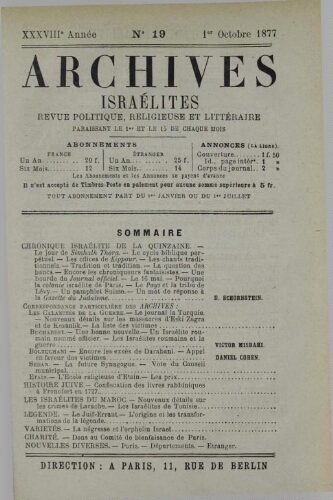 Archives israélites de France. Vol.38 N°19 (01 oct. 1877)